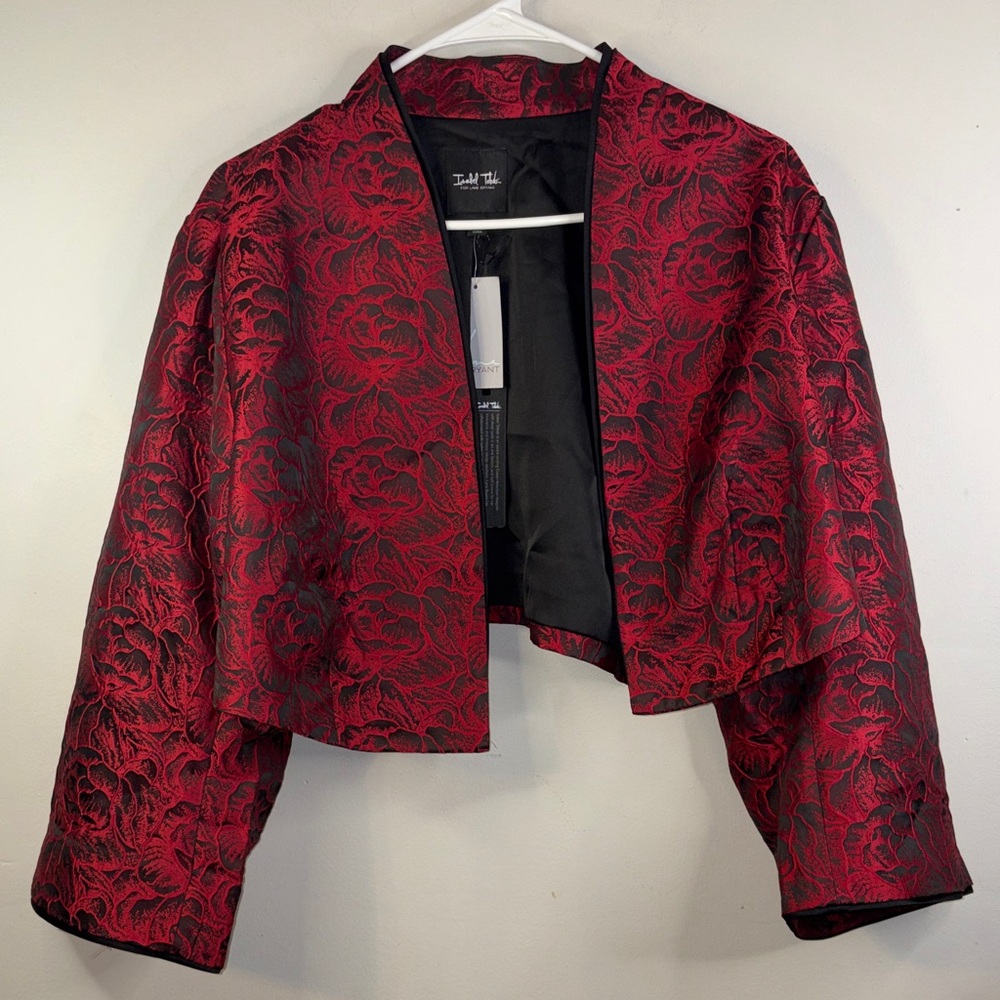 NWT Isabel Toledo Lane Bryant Red Black Floral Jacquard Crop Blazer Jacket #133